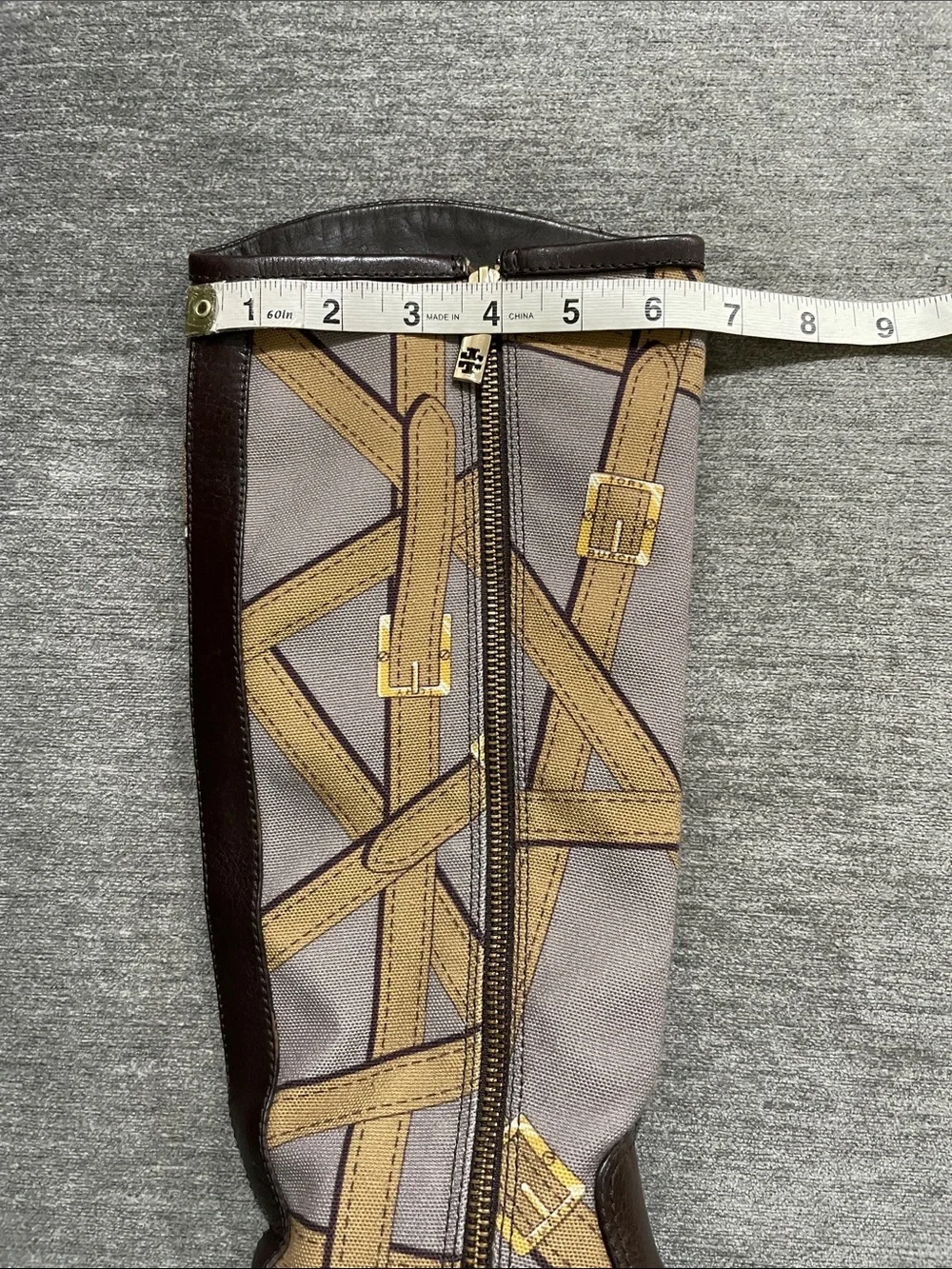 Tory Burch FELIX Riding Boots Brown Leather Equestrian Print Fabric Zip Size 5